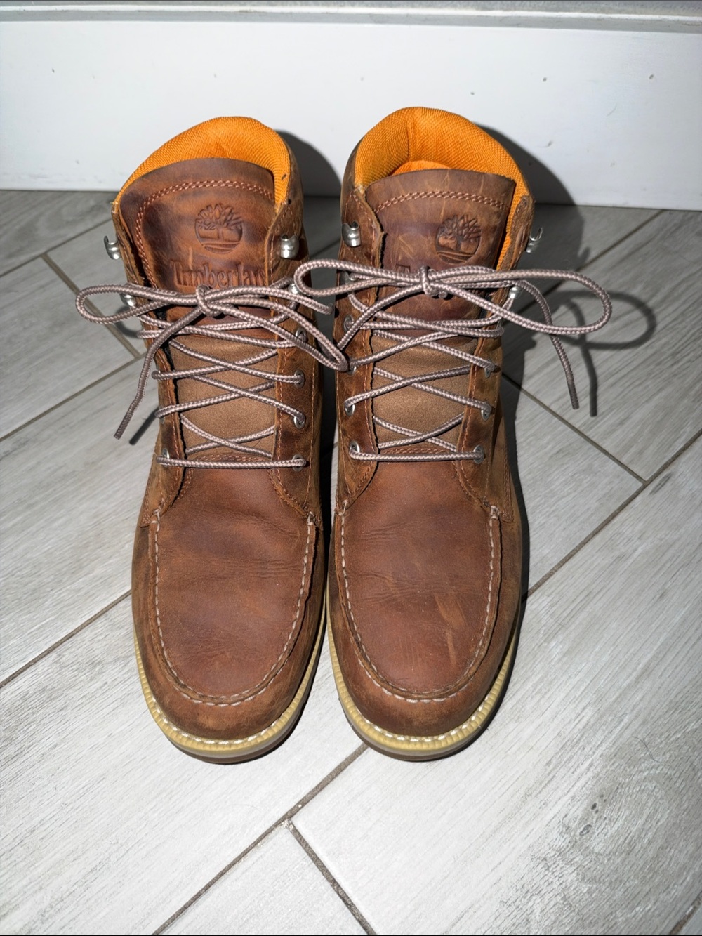 Timberland Brown Leather Moc Toe Boots with Orange Collar